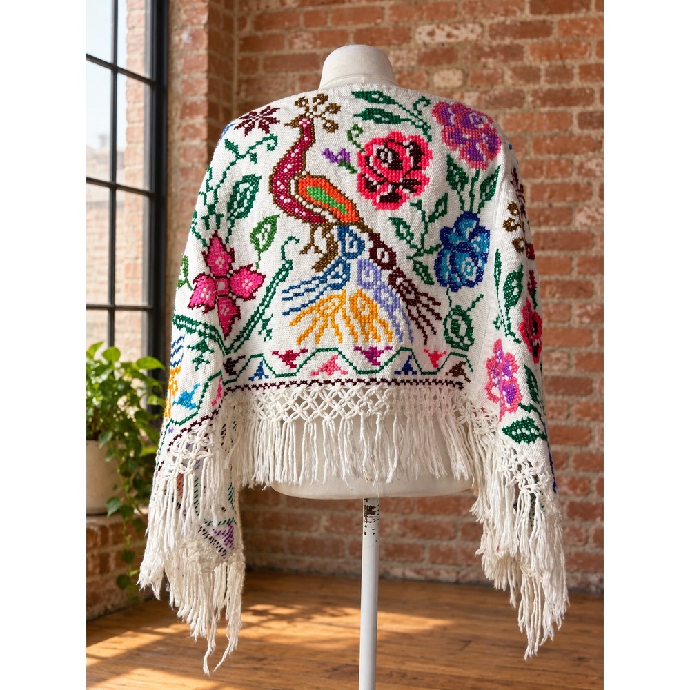 Vintage Mexican Embroidered Peacock Floral Fringe Poncho Shawl Wrap Boho Hippie